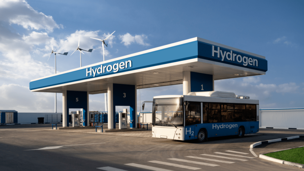 hydrogen bus at fuel station