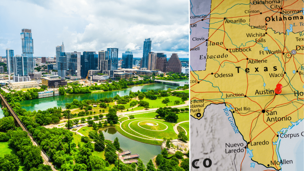 Map and photo of Austin Texas, calculate the CO2 emissions generated from electricity consumed in Texas