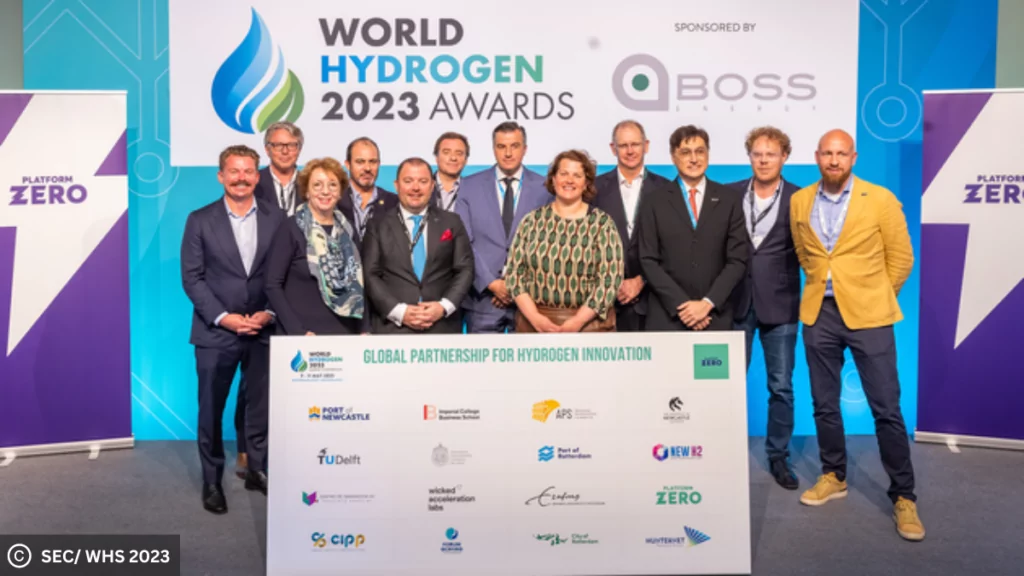 Representatives from the 14 organization signing the partnership at the World Hydrogen Summit 2023 hosted by the Sustainable Energy Council and partners.