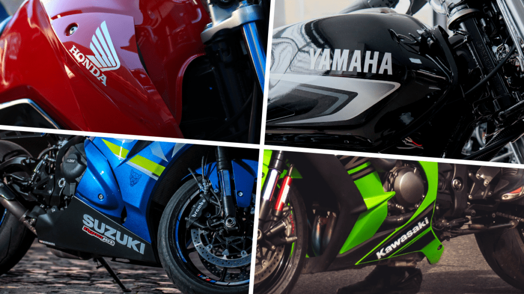 honda, yamaha, suzuki, and Kawasaki logos on motorcycle