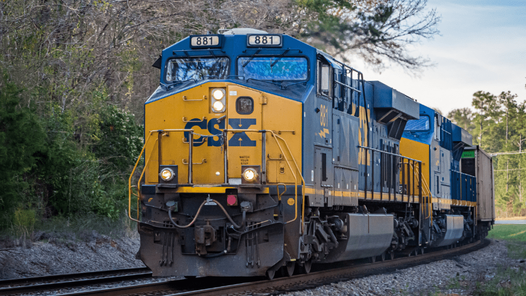 CSX locomotive on train tracks