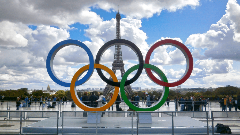 Olympic rings in front Eiffel tower