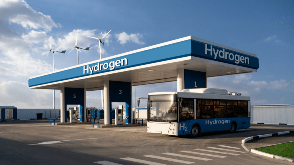 hydrogen bus at a charging station