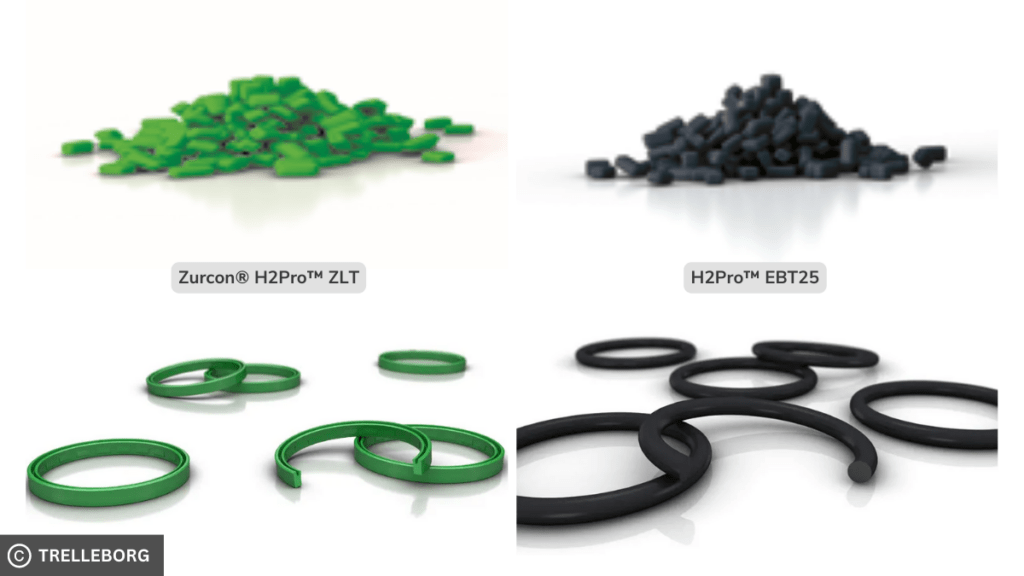 Pictures of the H2Pro™ Hydrogen Sealing Materials. Zurcon® H2Pro™ ZLT (left) and H2Pro™ EBT25 (right).