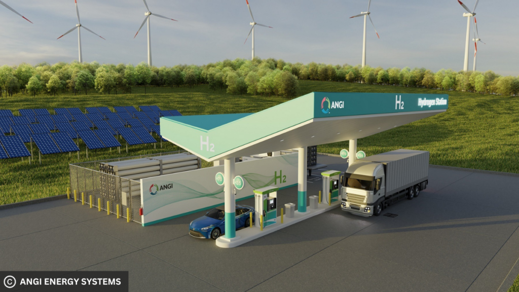 Concept picture of an ANGI hydrogen refueling station with fuel dispensers.