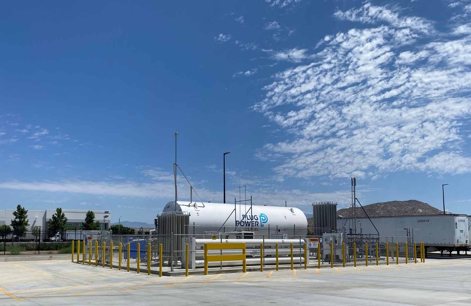 The hydrogen tank stores the liquid hydrogen for dispensing inside the warehouse through stainless steel tubing that runs under the yard to the warehouse and into the indoor dispenser