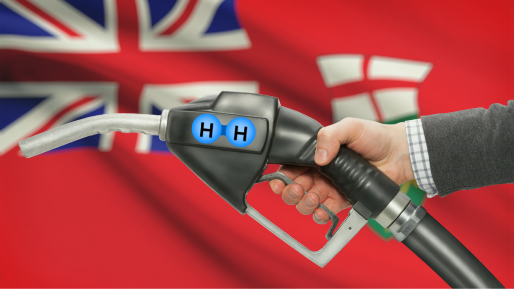 hydrogen fuel pump in front of ontario provincial flag