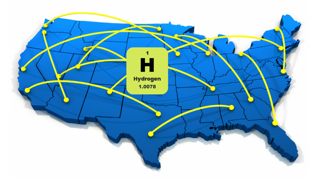 Map of the US with lines showing how hydrogen will spread across the country