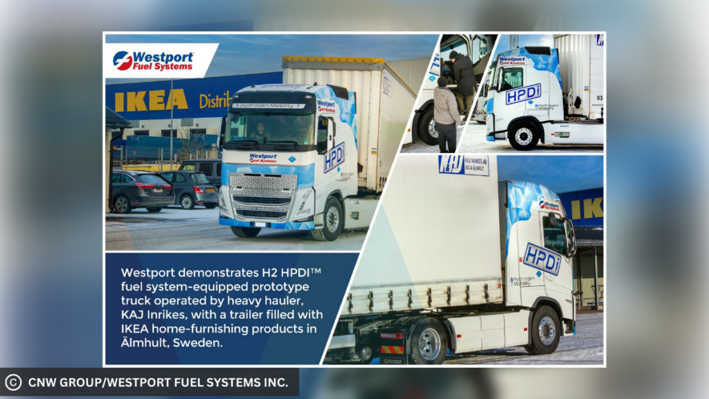 Pictures from the successfully completed heavy transport demonstration of Westport's H2 HPDI™ fuel system-equipped prototype truck pulling a trailer filled with IKEA home-furnishing products. Photo Credit: Göran Rosengren/Tidningen Proffs (CNW Group/Westport Fuel Systems Inc.).
